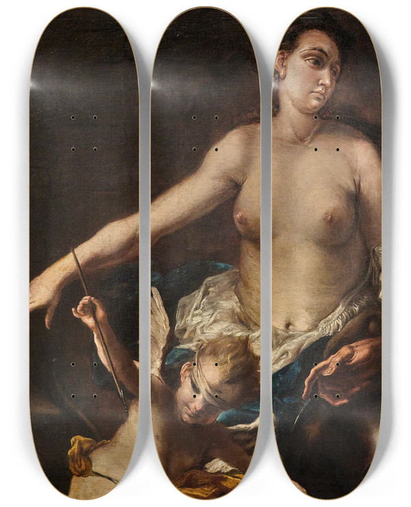 Triptych art skateboard deck of Alessandro Magnasco Venus In Vulcans Forge With Cupid Blindfolded by Alessandro Magnasco (1667-1749)
