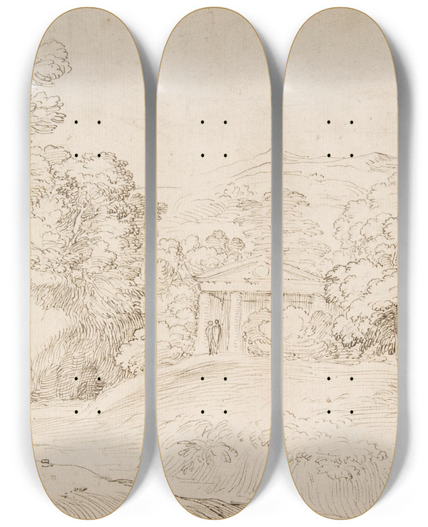 Triptych art skateboard deck of Giovanni Francesco Grimaldi Landscape With A Pedimented Temple And Two Figures by Giovanni Francesco Grimaldi (1606-1680)