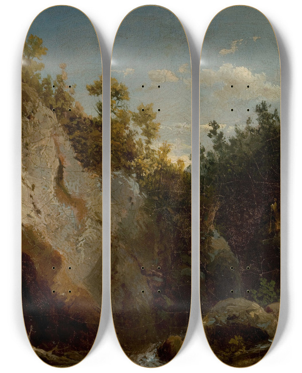 Triptych art skateboard deck of Carl August Sommer Landscape With Figures On Mountain Rocks by Carl August Sommer (1829-1921)