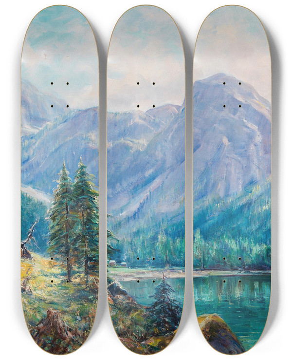 Triptych art skateboard deck of Carl Kaiserherbst Hallstttersee With View Of The Dachstein by Carl Kaiser-Herbst (1858-1940)