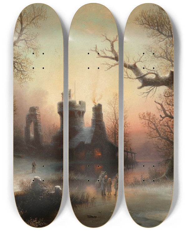Triptych art skateboard deck of Albert Bredow A Winter Evening by Albert Bredow (1828-1899)