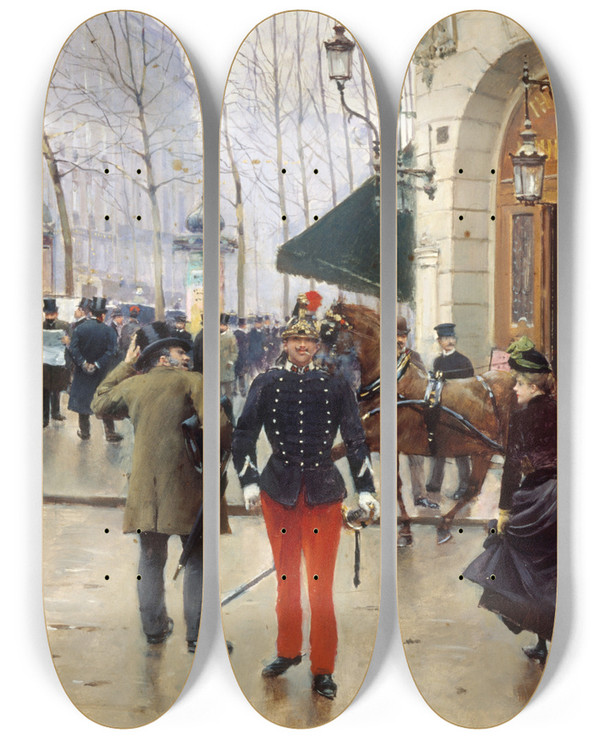 Triptych art skateboard deck of Jean Braud Le Thtre Du Vaudeville by Jean Beraud (1849-1935)