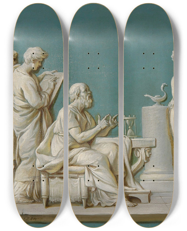 Triptych art skateboard deck of Jeansimon Berthlemy Socrate Instruisant La Jeunesse by Jean Simon Berthelemy (1743-1811)