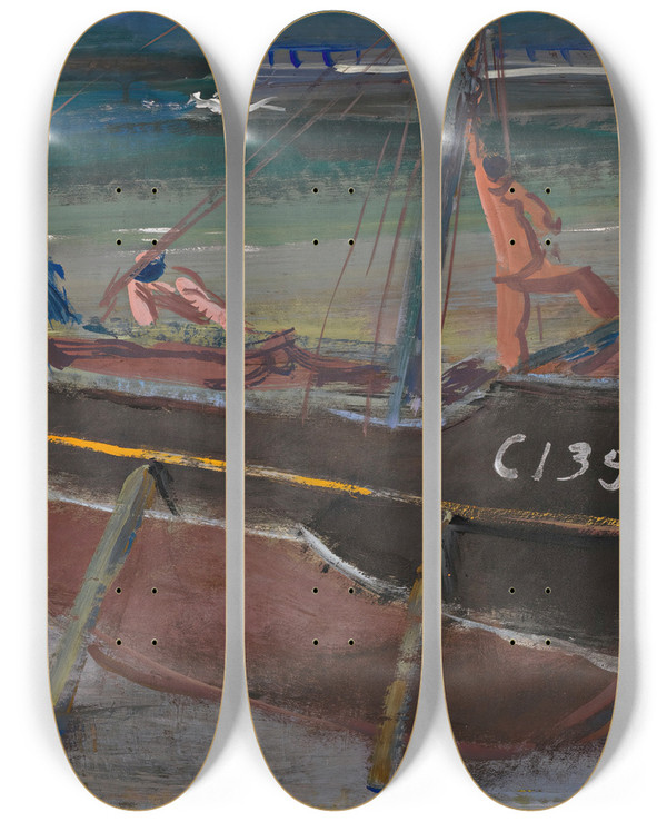 Triptych art skateboard deck of Alexandre Jacovleff Moored Boat by Alexandre Jacovleff (1887-1938)