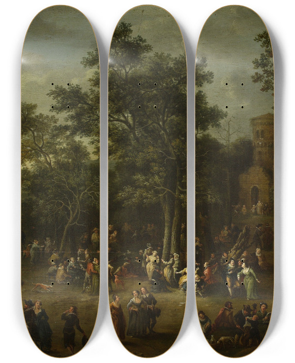 Triptych art skateboard deck of Franz De Paula Ferg Festivity In A Park by Franz de Paula Ferg (1689-1740)