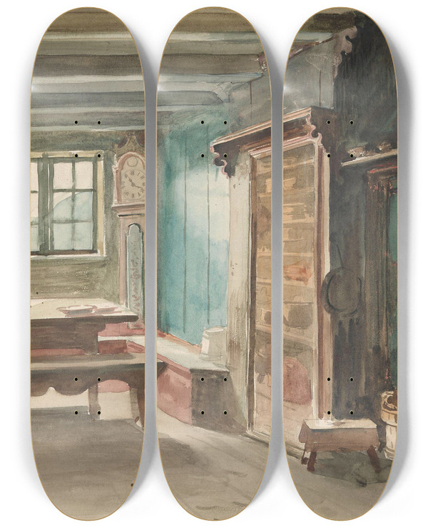 Triptych art skateboard deck of Adolph Tidemand Bondestue Sandk I Vinje_3 by Adolph Tidemand (1814-1876)