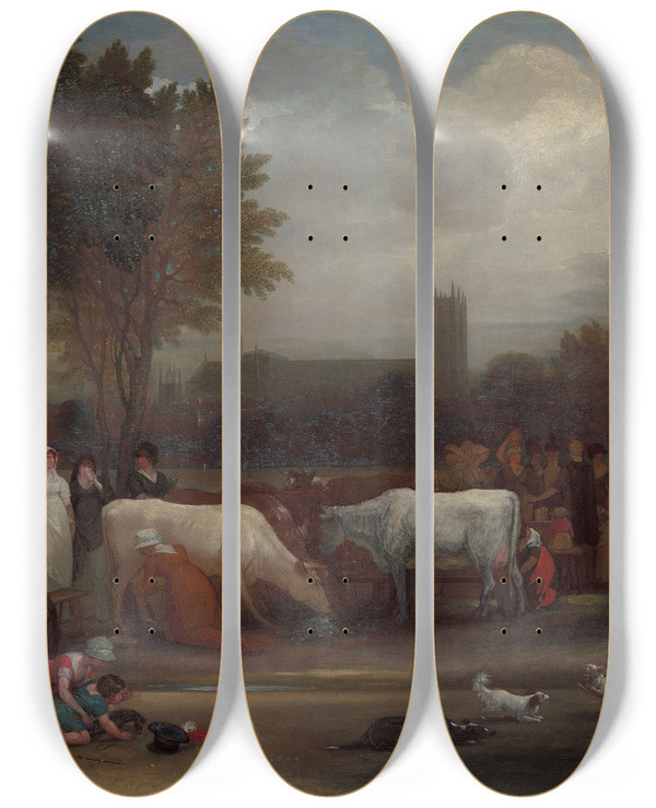 Triptych art skateboard deck of Benjamin West Milkmaids In St Jamess Park Westminster Abbey Beyond by Benjamin West (1738-1820)