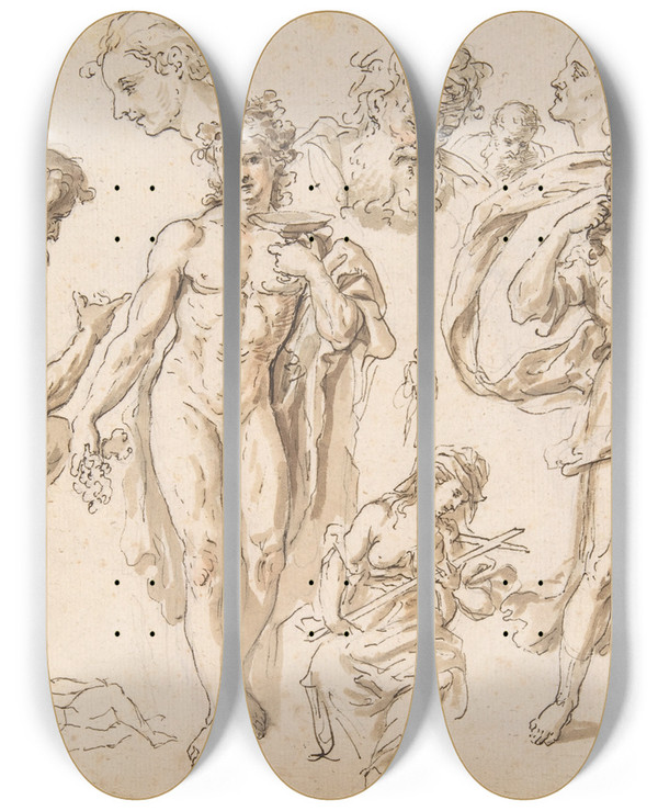 Triptych art skateboard deck of Bartholomaeus Ignaz Weiss Figure And Headstudies Including Bacchus by Bartholomaeus Ignaz Weiss (1730-1814)