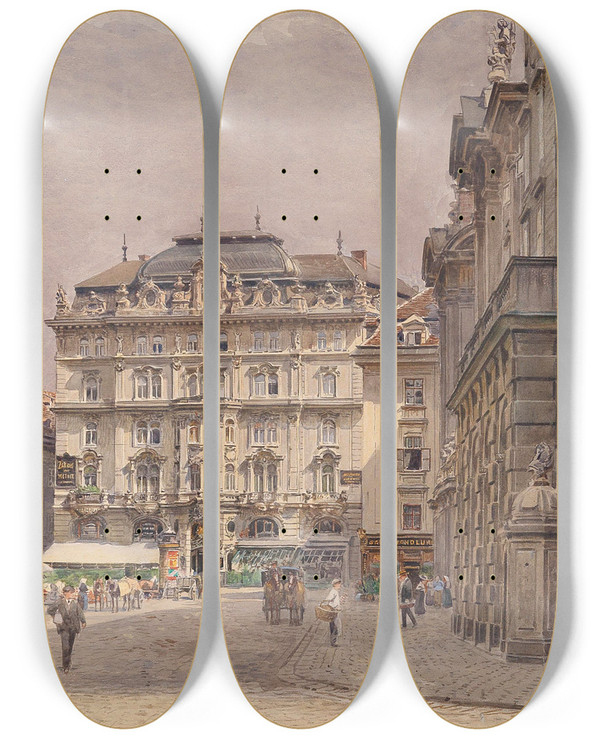 Triptych art skateboard deck of Ernst Graner Sonniger Tag Am Hof by Ernst Graner (1865-1943)