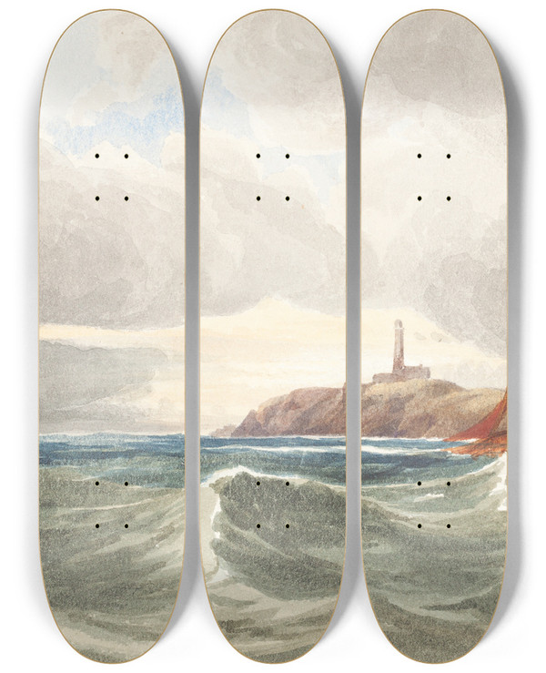 Triptych art skateboard deck of Rev James Bulwer Seascape With Lighthouse by Rev James Bulwer (1794-1879)
