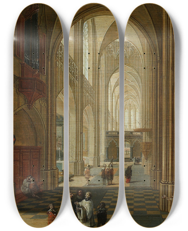 Triptych art skateboard deck of Pieter Neeffs The Younger Church Interior by Pieter Neeffs The Younger (1620-1675)