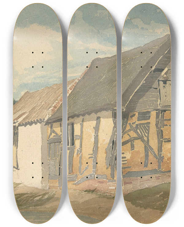 Triptych art skateboard deck of John Sell Cotman Farm Building By A Pond by John Sell Cotman (1782-1842)