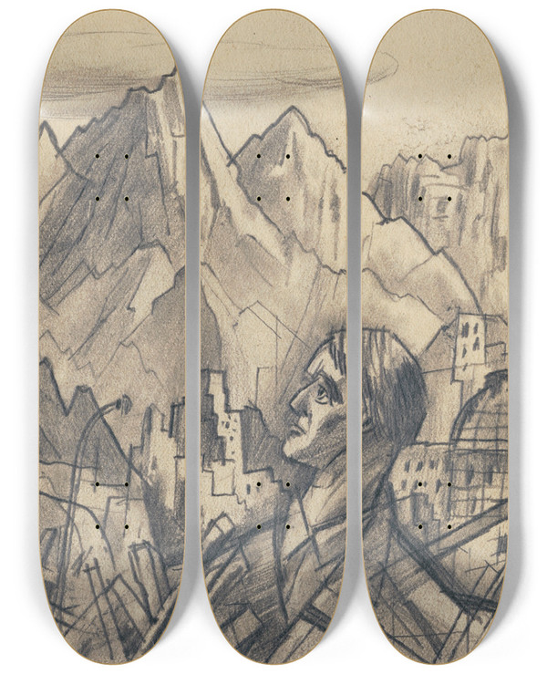 Triptych art skateboard deck of Karl Wiener Ruf Der Berge by Karl Wiener (1901-1949)
