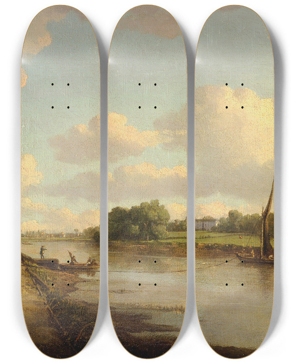 Triptych art skateboard deck of William Marlow View On The River Thames At Richmond by William Marlow (1740-1813)