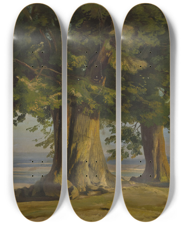 Triptych art skateboard deck of Jakob Becker Alte Bume Und Ausblick Auf Weite Ebene_2 by Jakob Becker (1810-1872)