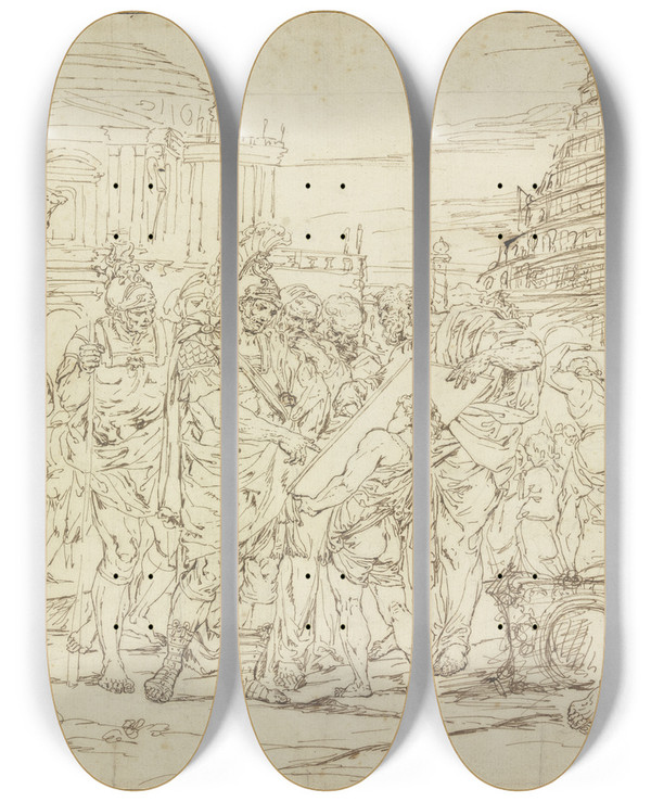 Triptych art skateboard deck of Raymond Lafage Tower Of Babel by Raymond Lafage (1656-1682)