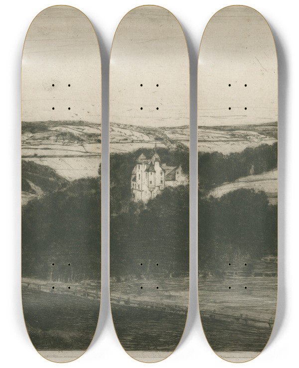 Triptych art skateboard deck of David Young Cameron Craigievar by David Young Cameron (1865-1945)
