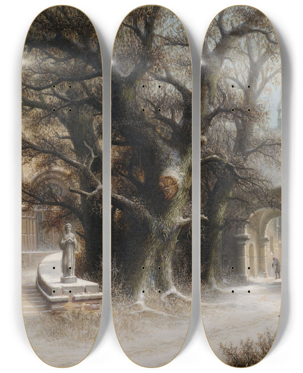 Triptych art skateboard deck of Albert Bredow Procession At A Snowy Monastery by Albert Bredow (1828-1899)