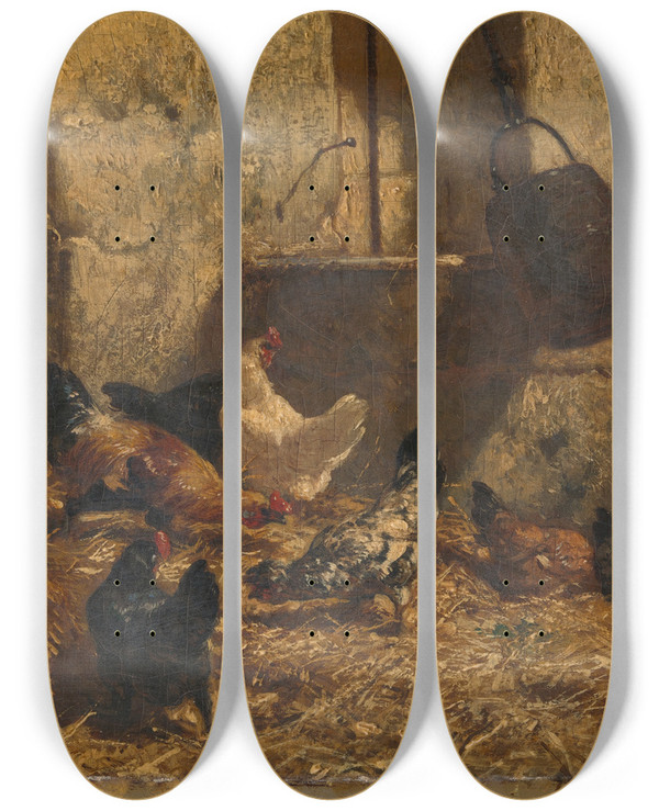 Triptych art skateboard deck of Charles Emile Jacque Chickens by Charles Emile Jacque (1813-1894)