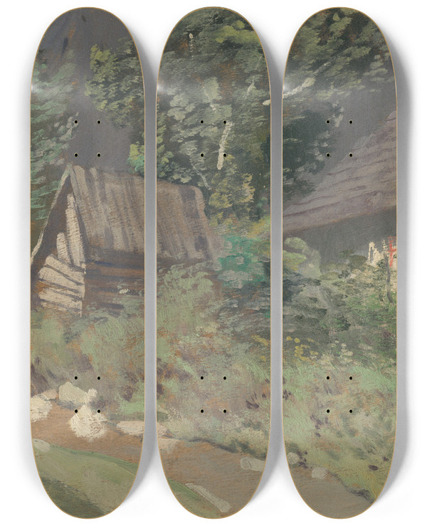 Triptych art skateboard deck of Ferdinand Katona Behind The Barn by Ferdinand Katona (1864-1932)