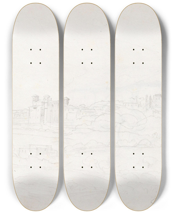 Triptych art skateboard deck of Adolph Tidemand Mann I Baugen P En Bt_1 by Adolph Tidemand (1814-1876)