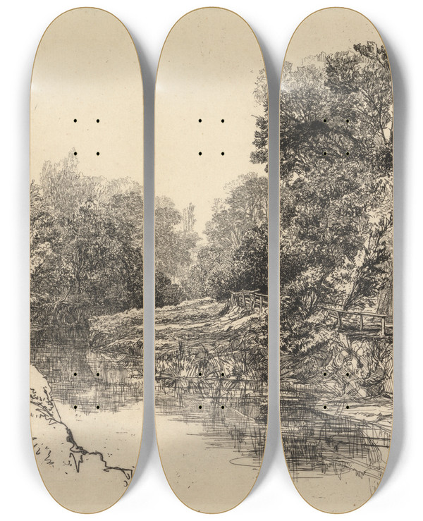 Triptych art skateboard deck of Francis Seymour Haden A River In Ireland by Francis Seymour Haden (1818-1910)