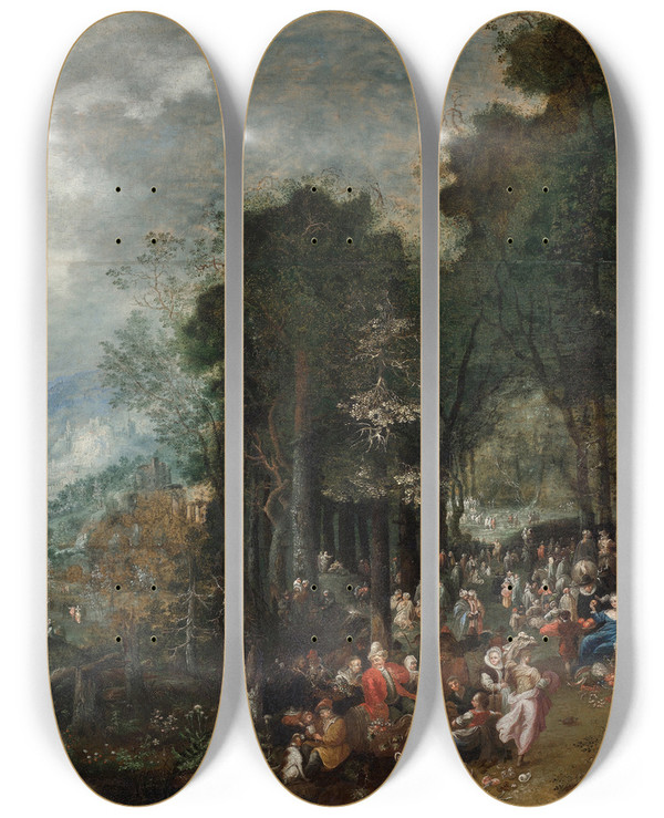 Triptych art skateboard deck of Johann Jakob Hartmann Landschaft Mit Festgesellschaft by Johann Jakob Hartmann (1680-1730)