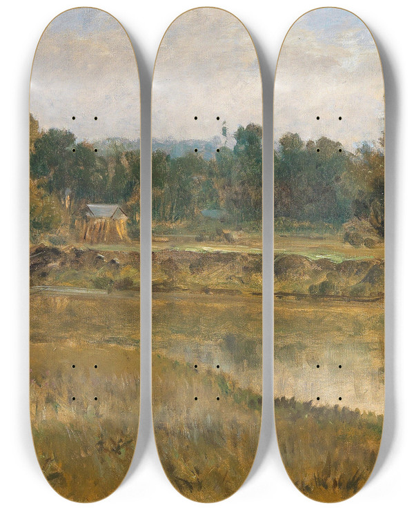 Triptych art skateboard deck of Otto Von Thoren Eine Flusslandschaft by Otto Von Thoren (1823-1889)