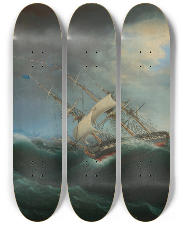 Triptych art skateboard deck of Thomas Birch The Constitution by Thomas Birch (1779-1851)