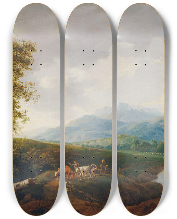 Triptych art skateboard deck of Franz Scheyerer Landschaft Mit Schneeberg by Franz Scheyerer (1770-1839)