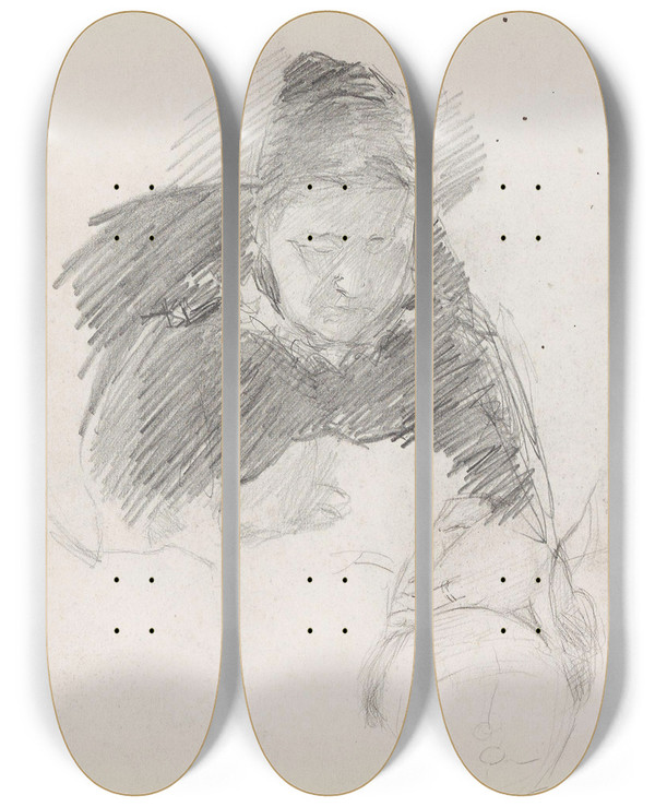 Triptych art skateboard deck of Signe Scheel Kvinneportrett Riss Av Hode by Signe Scheel (1860-1942)