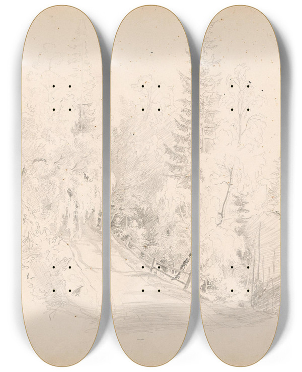 Triptych art skateboard deck of Hans Gude Skogsinterir Med Vei Elstad by Hans Gude (1825-1903)