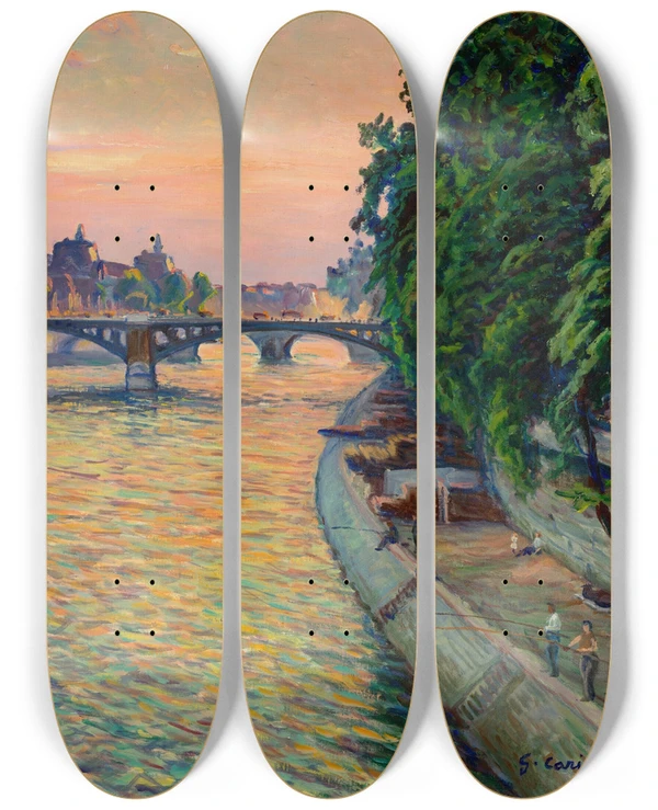 Triptych art skateboard deck of Gustave Cariot Vue De Paris by Gustave Cariot (1872-1950)