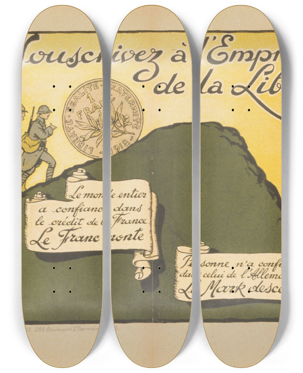 Triptych art skateboard deck of Douard Bernard Souscrivez Lemprunt De La Libration by Edouard Bernard (1890)