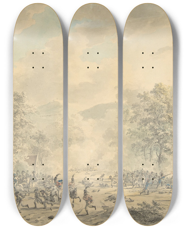 Triptych art skateboard deck of Dirk Langendijk Battle Scene With Church At Left by Dirk Langendijk (1748-1805)