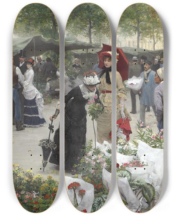 Triptych art skateboard deck of Victor Gabriel Gilbert Le March Des Fleurs by Victor Gabriel Gilbert (1847-1933)