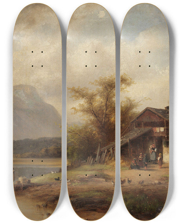 Triptych art skateboard deck of Anton Doll Waschtag Am Oberbayrischen See by Anton Doll (1826-1887)