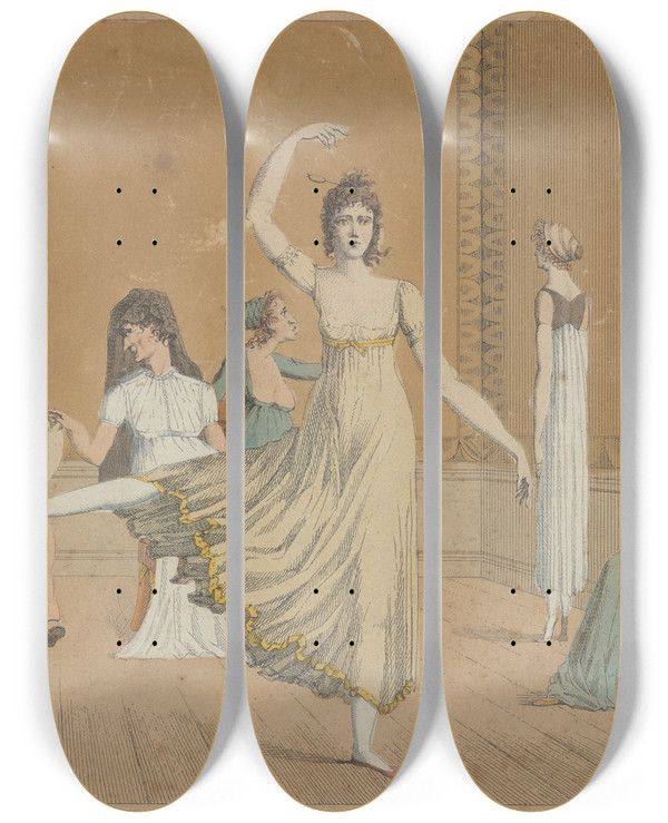 Triptych art skateboard deck of Aaron Martinet La Leon De Danse by Aaron Martinet (1762-1841)