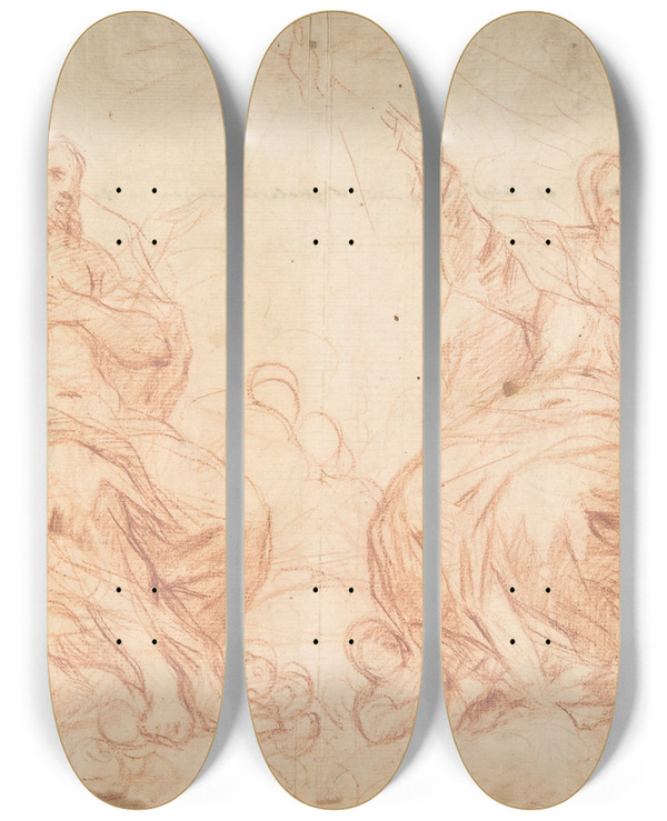 Triptych art skateboard deck of Luca Giordano The Holy Trinity by Luca Giordano (1634-1705)