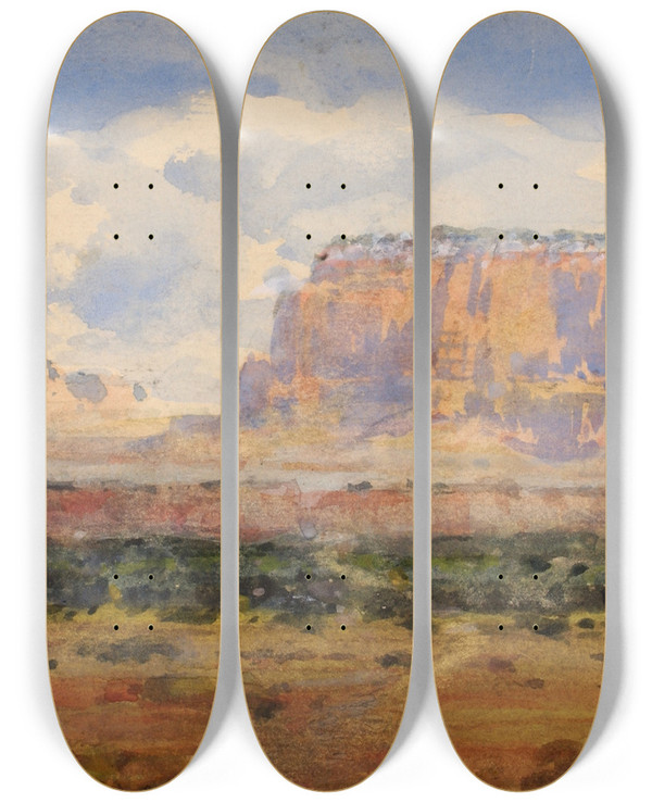 Triptych art skateboard deck of William Henry Holmes The Enchanted Mesa by William Henry Holmes (1846-1933)