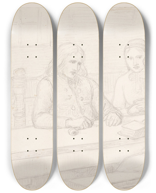 Triptych art skateboard deck of Elisabeth Jerichau Baumann Studietegning Til Husandagten by Elisabeth Jerichau Baumann (1819-1881)
