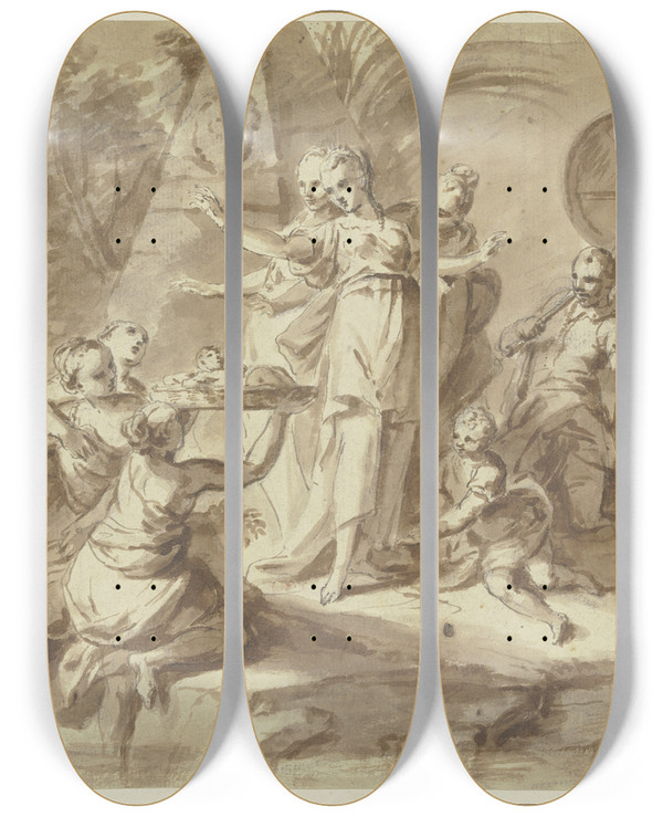 Triptych art skateboard deck of Sebastiano Ricci Architectural Study by Sebastiano Ricci (1659-1734)