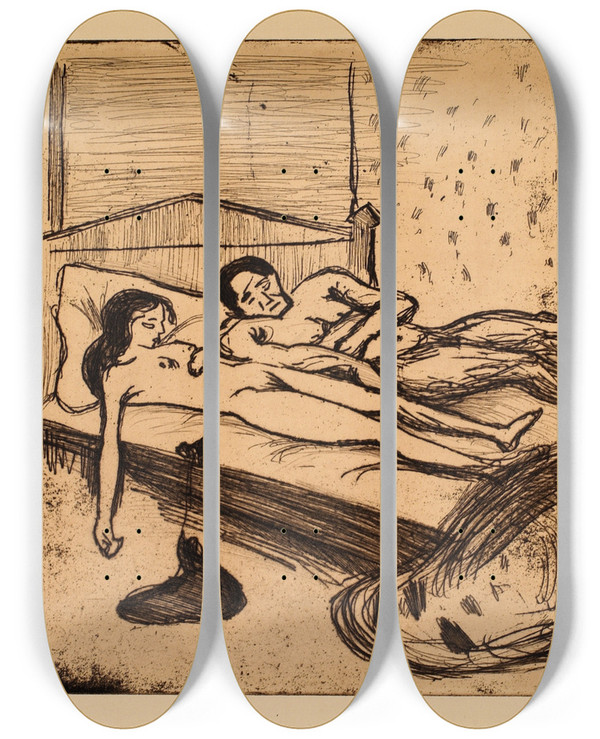 Triptych art skateboard deck of Edvard Munch The Dead Lovers Double Suicide by Edvard Munch (1863-1944)