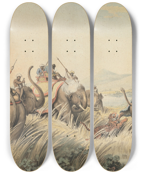 Triptych art skateboard deck of Samuel Howitt The Tiger At Bay by Samuel Howitt (1756-1822)