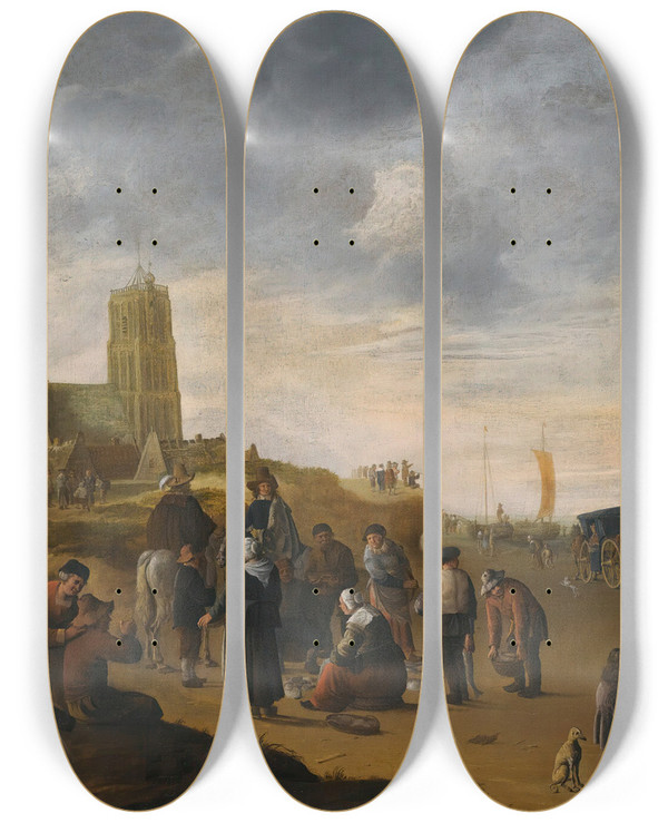 Triptych art skateboard deck of Cornelis Beelt A View Of The Beachat Scheveningen by Cornelis Beelt (1630-1702)