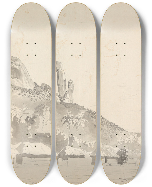 Triptych art skateboard deck of Samuel Davis Rock Formation Above A Village by Samuel Davis (1757-1819)