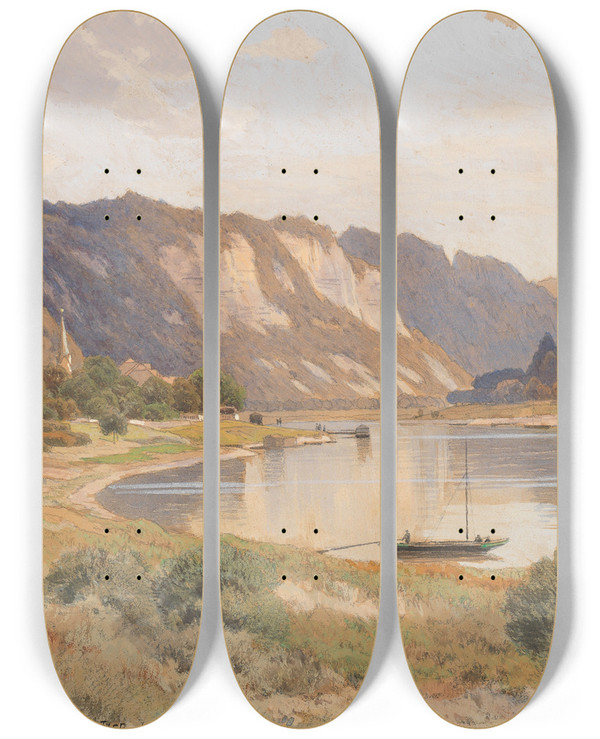 Triptych art skateboard deck of Adolf Noether Stadt Wehlen An Der Elbe Schsische Schweiz by Adolf Noether (1855-1943)
