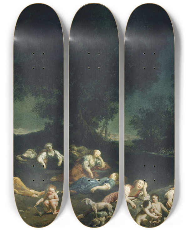Triptych art skateboard deck of Giuseppe Maria Crespi Cupids Disarming Sleeping Nymphs by Giuseppe Maria Crespi (1665-1747)