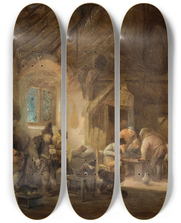 Triptych art skateboard deck of Isaac Van Ostade Rustic Interior With Peasants Drinking And Gaming by Isaac Van Ostade (1621-1649)