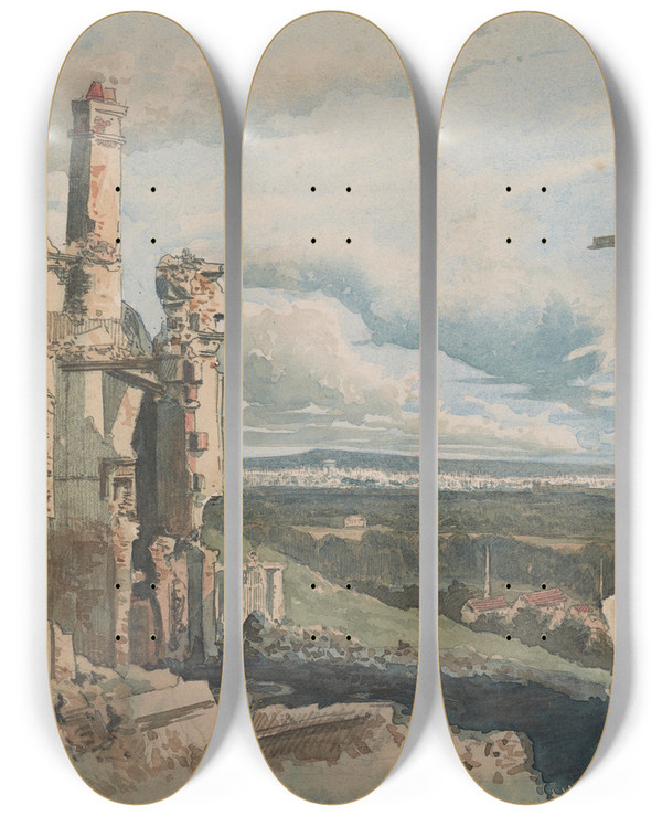 Triptych art skateboard deck of Pierre Georges Jeanniot The Devastation Ofsuresnes by Pierre Georges Jeanniot (1848-1934)